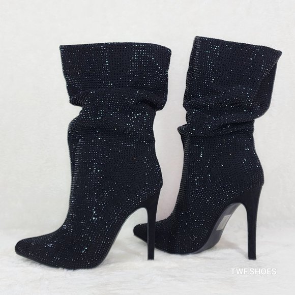 Resolve Sparkling Black Rhinestone High Heel Slouch Calf Boots New Years Bling - Picture 6 of 14